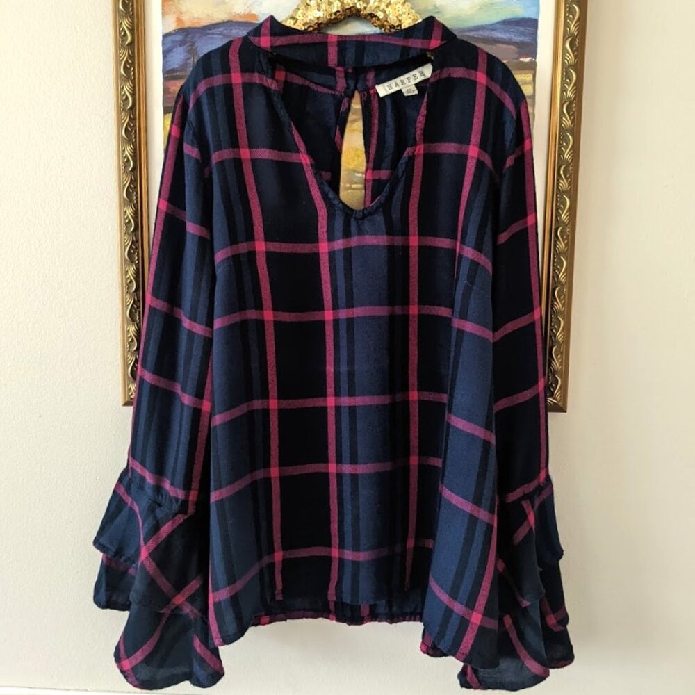 Francesca's blue plaid bell sleeve top